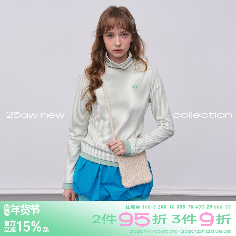 riverstone plus毛茸茸高领条纹长袖T恤女冬季百搭加厚打底衫上衣