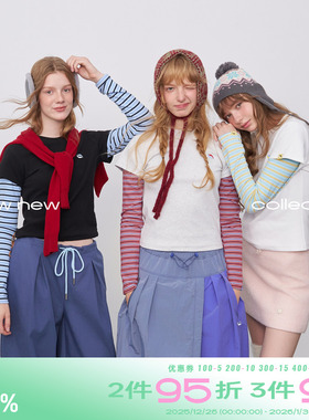 riverstone plus假两件圆领德绒长袖T恤女冬季修身撞色条纹打底衫