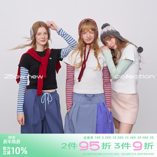 撞色条纹打底衫 riverstone 修身 T恤女冬季 plus假两件圆领德绒长袖