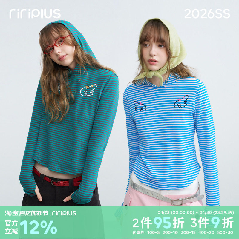 riverstone plus 连帽条纹对称翅膀印花薄卫衣女正肩修身长袖t恤