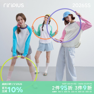 riverstone 圆领拼接休闲长袖 T恤女刺绣撞色插肩明线打底衫 plus