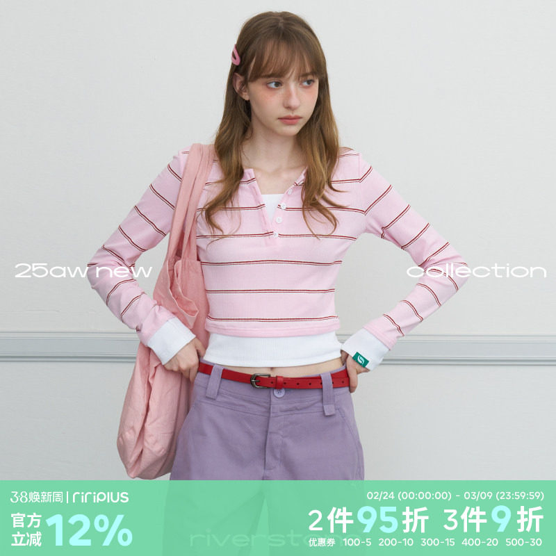 riverstone plus 假两件条纹百搭长袖T恤春季修身正肩V显瘦上衣女