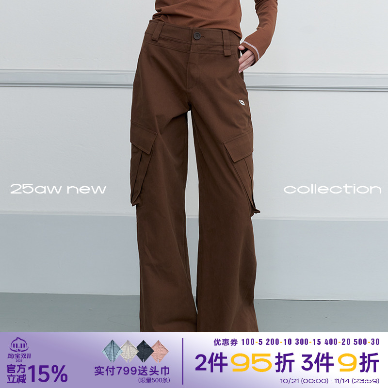 riverstone plus 多口袋刺绣微喇工装裤女秋季宽松长裤显瘦伞兵裤