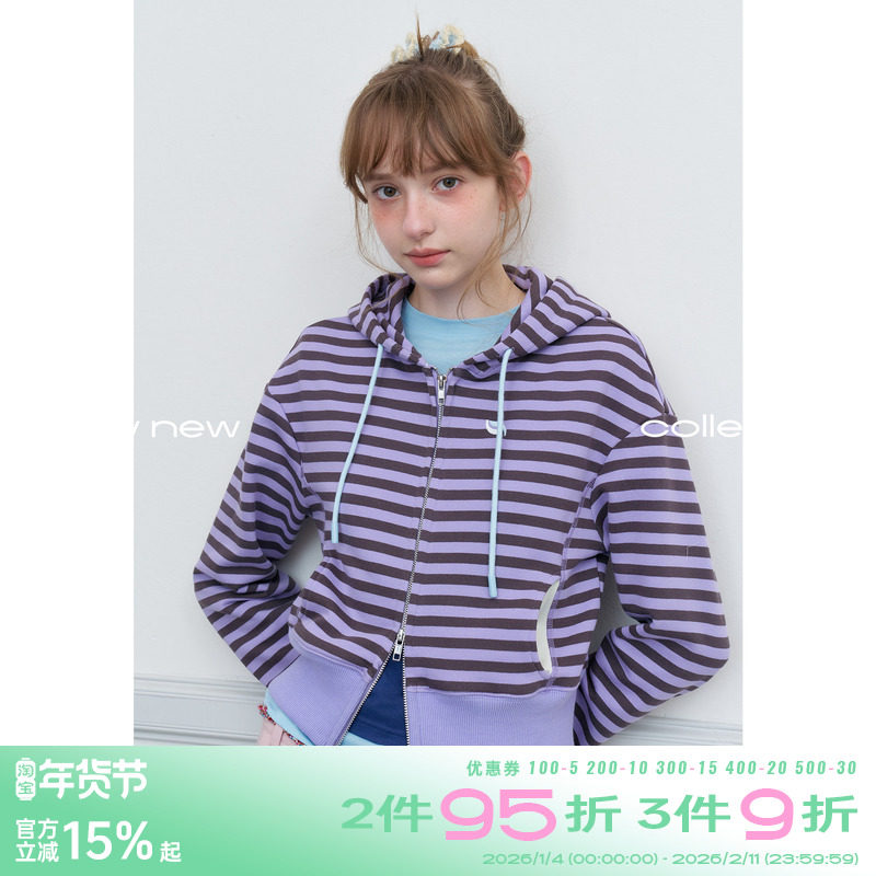 riverstone plus 撞色条纹短款连帽卫衣女春季百搭开衫拉链外套