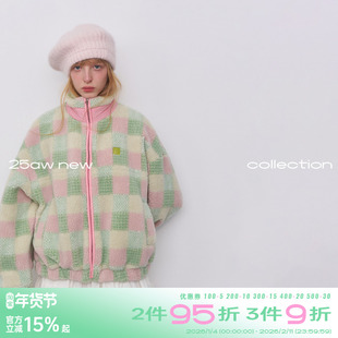 riverstone plus 格纹立领仿羊羔毛夹克女冬季加厚保暖毛绒外套