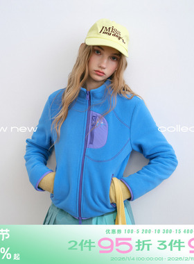 riverstone plus 摇粒绒短款修身外套女冬季立领保暖撞色口袋上衣