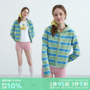 针织横条纹连帽毛衣女开衫 女慵懒感休闲拉链外套 plus riverstone
