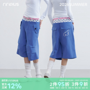 女纯色百搭宽松休闲裤 riverstone 裤 假腰头波点翅膀印花工装 plus