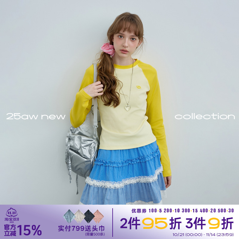 riverstone plus插肩袖撞色长袖T恤女正肩秋季圆领修身打底衫上衣