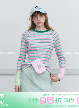 riverstone plus修身百搭彩色条纹长袖T恤女秋季圆领撞色针织上衣