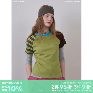 riverstone 显瘦圆领t恤女25年夏薄款 拼接撞色正肩短袖 plus修身