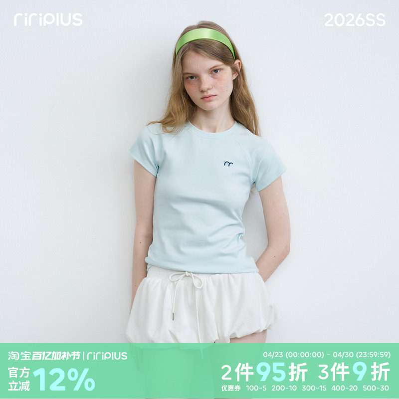 riverstone plus 正肩基础款圆领修身短袖女简约刺绣百搭打底衫