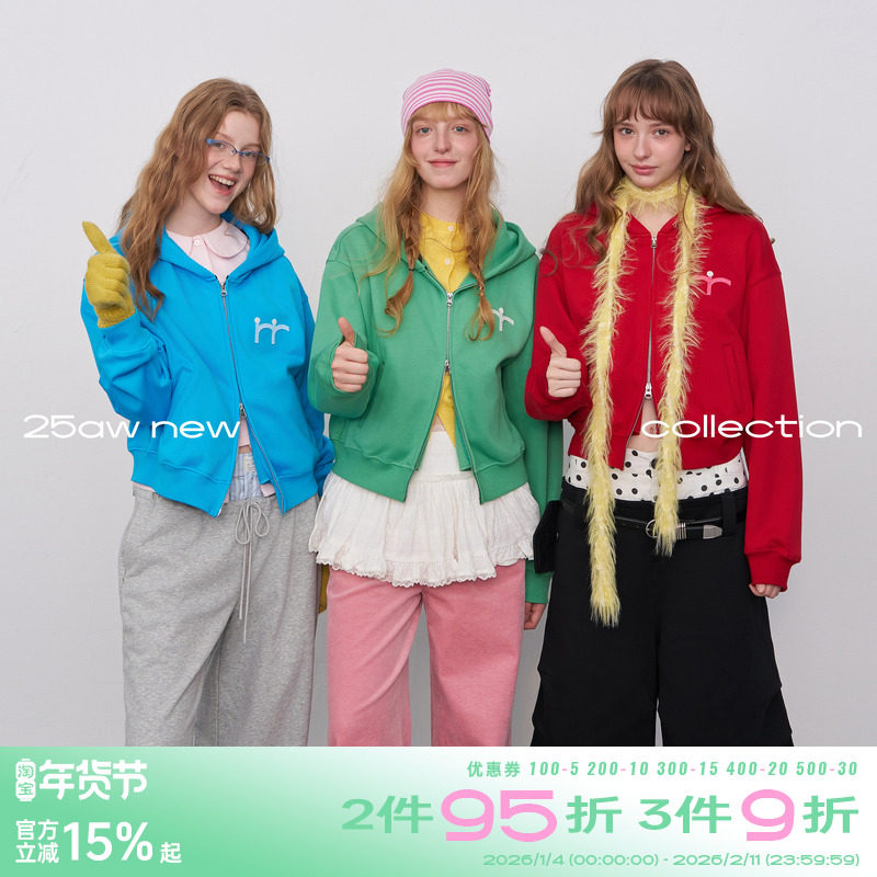 riverstone plus 刺绣纯色连帽卫衣女冬季宽松慵懒双拉链贴布外套