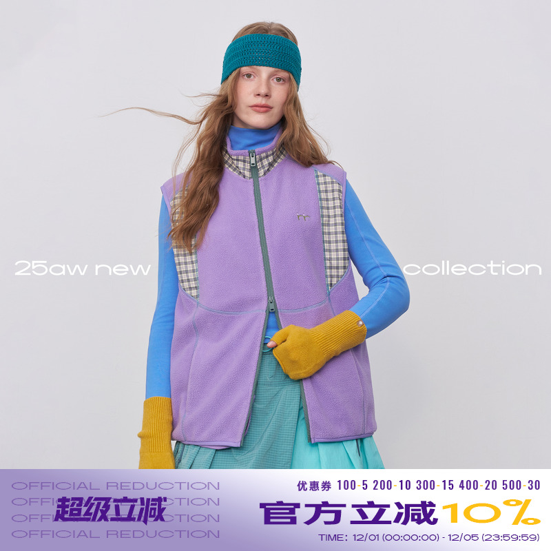 riverstone plus 复古色系摇粒绒马甲女冬季撞色刺绣格纹拉链外套