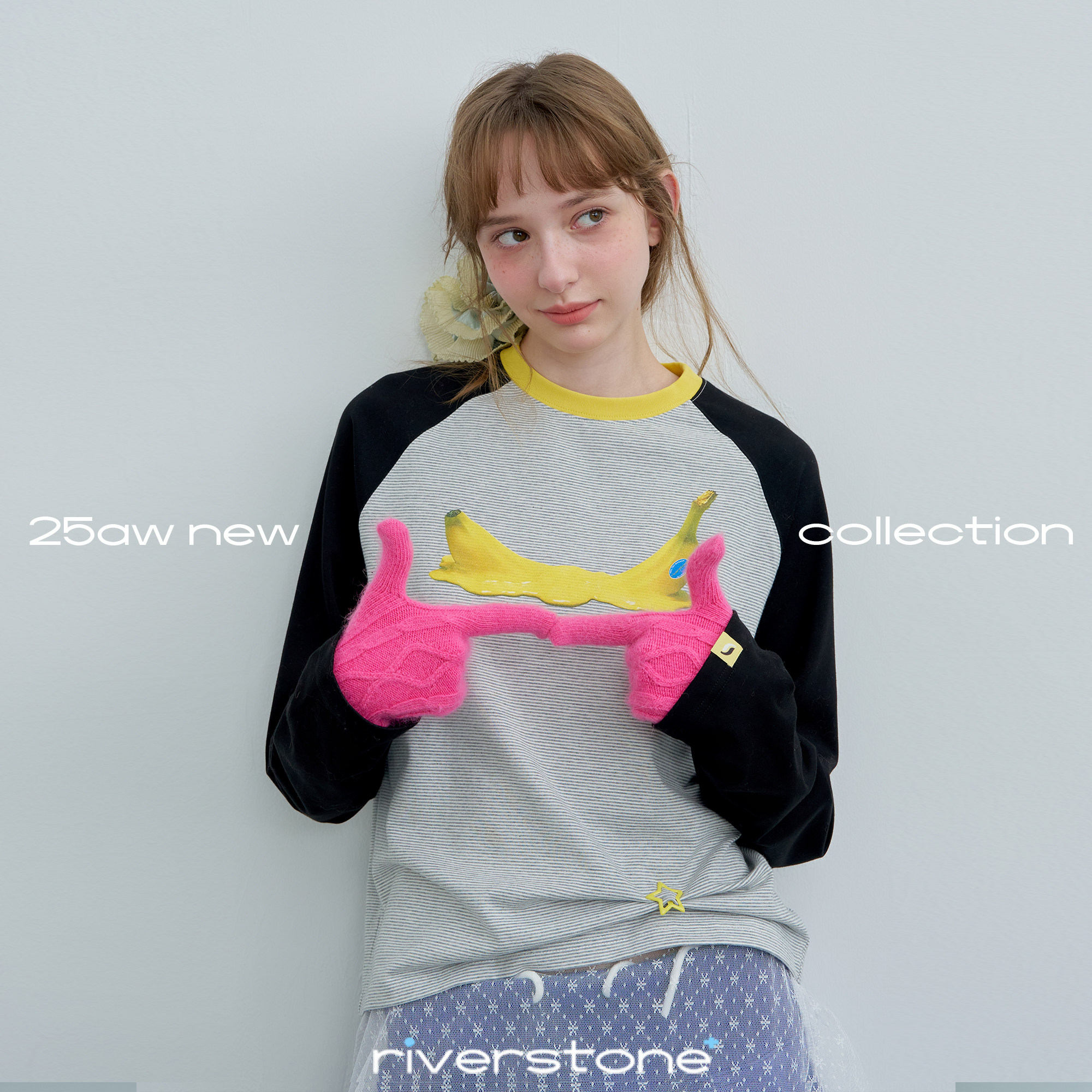 riverstone plus水果印花插肩袖长袖T恤女春季撞色条纹打底衫上衣