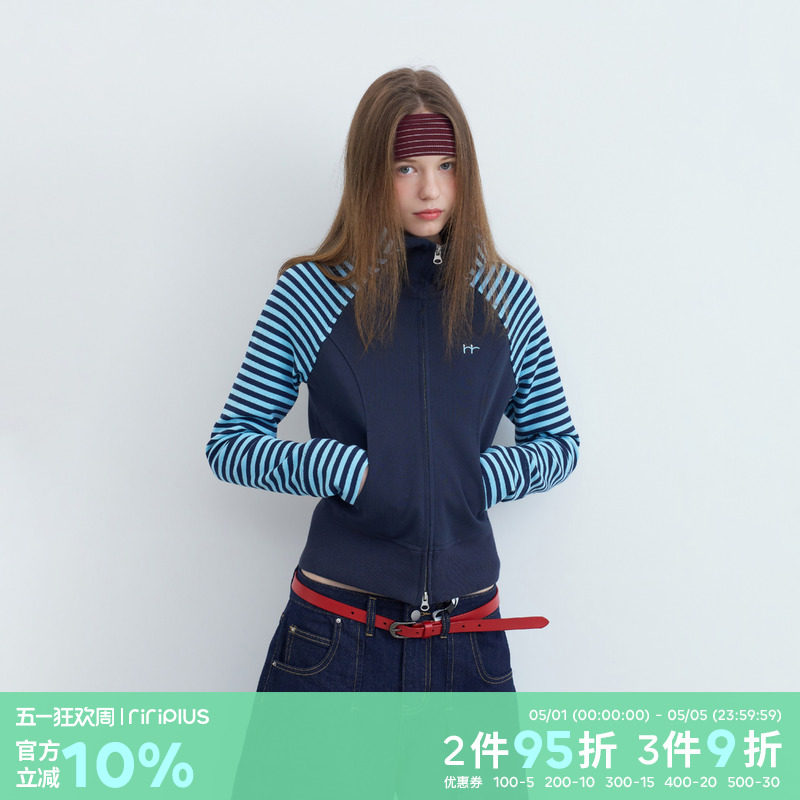 riverstone plus 条纹拼接刺绣连帽修身卫衣女休闲短款开衫外套