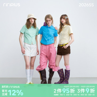 riverstone plus 娃娃领衬衫纯色贴袋短袖女修身短款单排扣衬衣