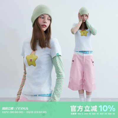 riverstone plus 假两件星星印花圆领长袖T恤女波点条纹打底衫