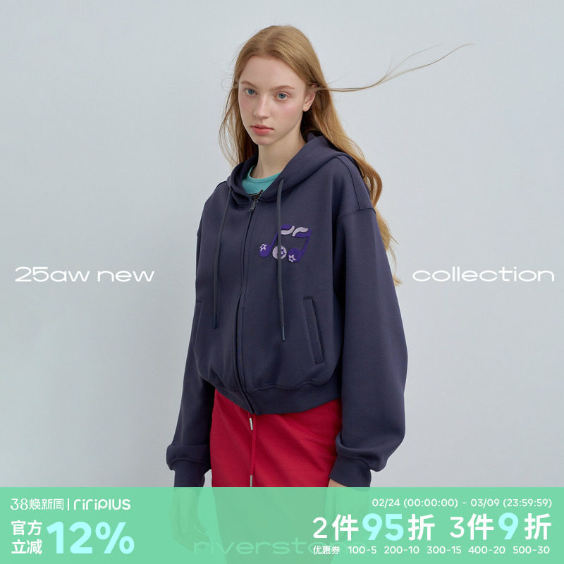 riverstone plus 音符刺绣短款连帽开衫卫衣春季宽松拉链外套女