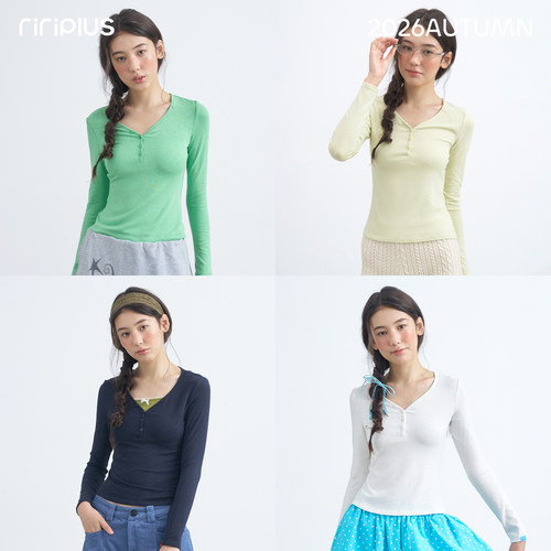 riverstone plus 纽扣v领长袖t恤女秋季新款修身显瘦打底衫上衣