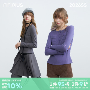 riverstone T恤女贴布口袋修身 显瘦纯色打底衫 plus亨利领百搭长袖