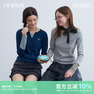 riverstone plus v领袖口拼接条纹长袖T恤女假两件修身显瘦打底衫