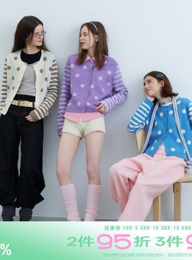 riverstone plus 甜美风波点拼接撞色条纹圆领毛衣女针织开衫外套