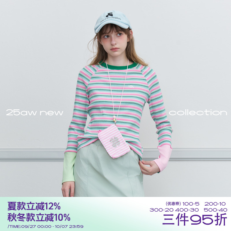 riverstone plus修身百搭彩色条纹长袖T恤女秋季圆领撞色针织上衣