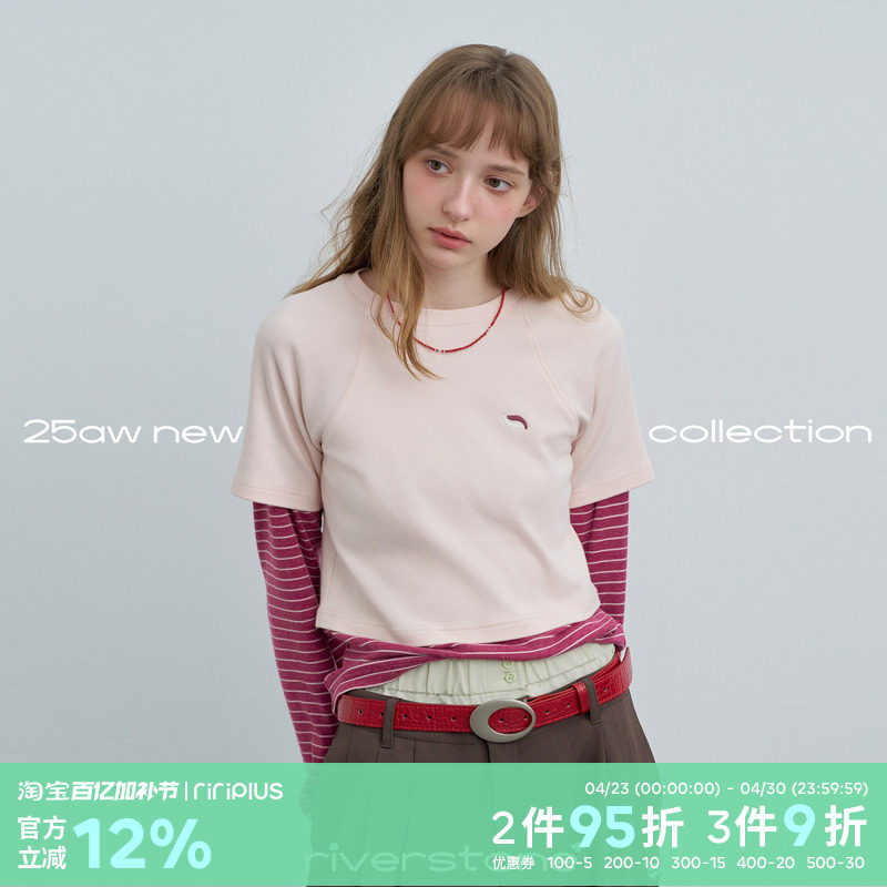 riverstone plus 假两件条纹拼接撞色长袖T恤女春季修身显瘦上衣