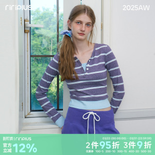 riverstone plus 天丝假两件条纹上衣春季修身正肩V领长袖T恤女