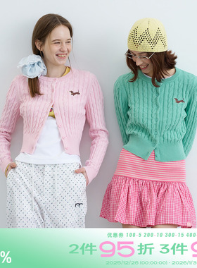 riverstone plus 多巴胺腊肠狗刺绣圆领毛衣女麻花纹短款针织开衫