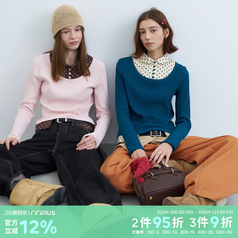 riverstone plus波点撞色假两件衬衫领长袖T恤女修身显瘦条纹上衣