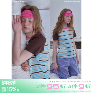 riverstone plus可露丽条纹撞色圆领短袖2025年夏季宽松正肩T恤女