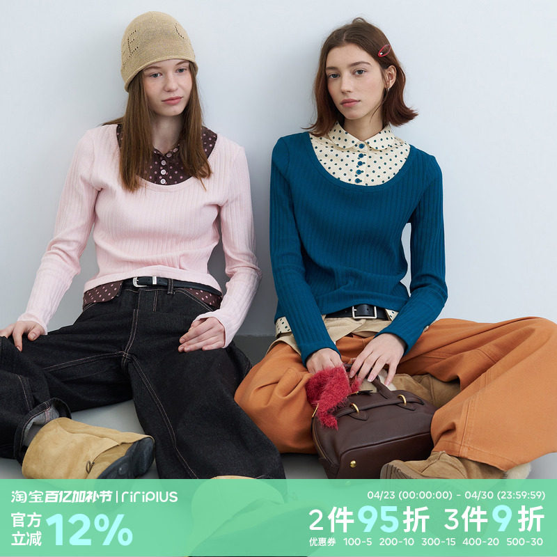 riverstone plus波点撞色假两件衬衫领长袖T恤女修身显瘦条纹上衣
