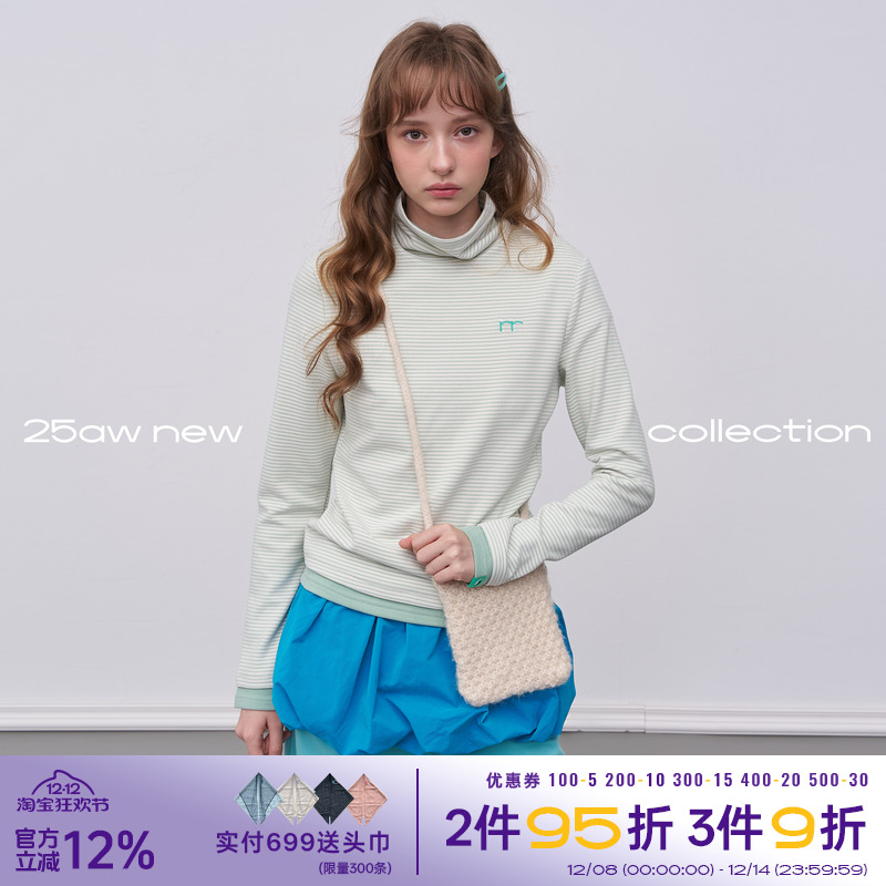 riverstone plus毛茸茸高领条纹长袖T恤女冬季百搭加厚打底衫上衣