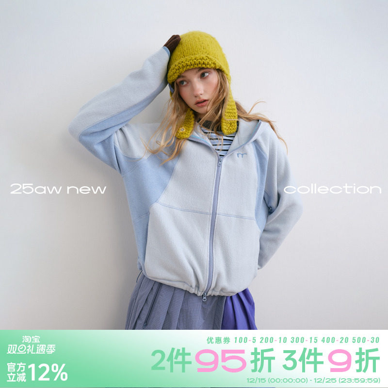 riverstone plus 摇粒绒连帽拉链休闲外套女冬季山系撞色保暖夹克