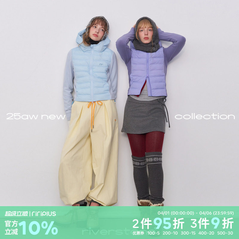 riverstone plus 连帽拼接立领短款棉服女冬季撞色双拉链面包服