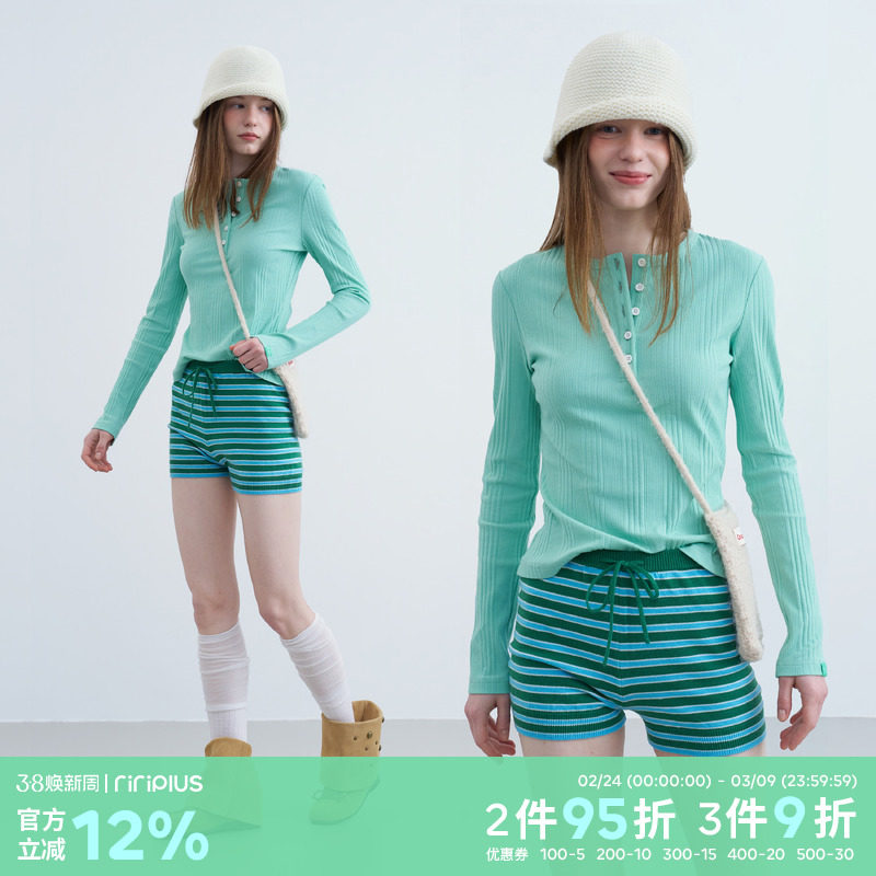 riverstone plus 简约亨利领修身长袖T恤女慵懒竖条纹纽扣打底袖