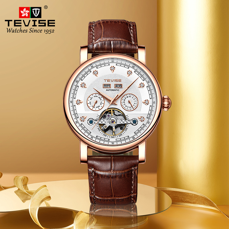 TEVISE直播热销功能机械表全自动机械表商务真皮士手表