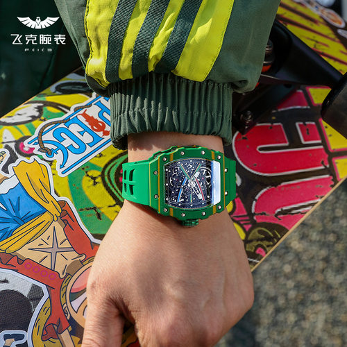 飞克FEICE新款镂空全自动机械手表士酒桶形防水腕表绿色FM603