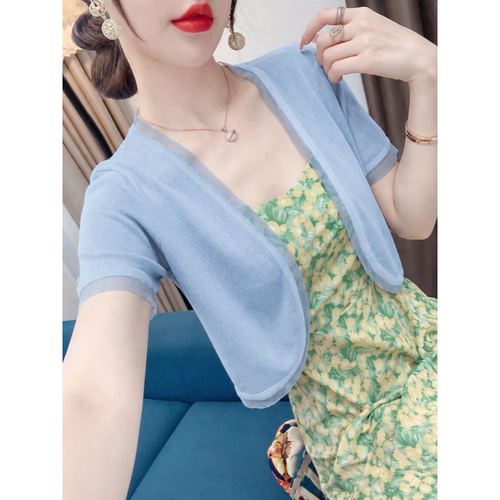 夏季冰丝外搭开衫女百搭配吊带裙连衣裙小披肩透气上衣防晒短外套