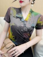 Short-sleeved women's summer new Western-style top, slimming and belt-concealing mini shirt, versatile mesh T-shirt base layer, mom's outfit thumbnail 7