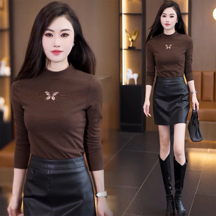 咖色半高领打底衫女2025秋冬洋气内搭蝴蝶镂空修身长袖特丽绒上衣