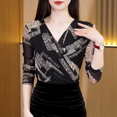 印花网纱打底小衫女长袖t恤秋季新款高级感时尚洋气遮肚显瘦上衣