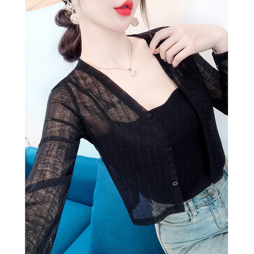 时尚v领冰丝针织防晒开衫女夏季薄款吊带裙外搭薄纱小坎肩空调衫