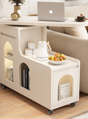 奶油色实木边几可移动茶几小户型客厅沙发侧边柜可旋转角几小桌子