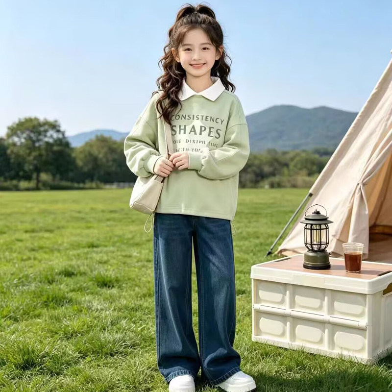 女童春秋卫衣2026新款中大童韩版纯色靓丽早秋翻领长袖学生上衣潮