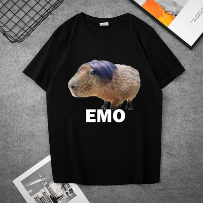 外贸Capybara水豚黑白短袖动物卡形象T恤纯色印花小落肩短袖服装