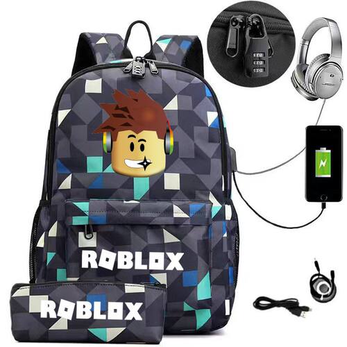 外贸roblox游戏周边2件套书包双肩包USB充电电脑包大容量旅游包