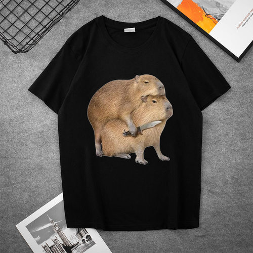 外贸Capybara水豚黑白短袖动物卡形象T恤纯色印花小落肩短袖服装